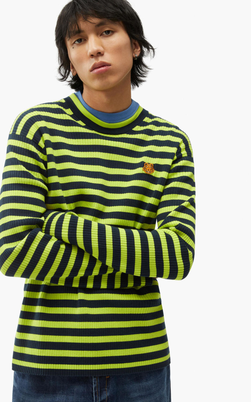 Pull Kenzo Homme Striped Tiger Crest Vert Clair NYKEI-9086